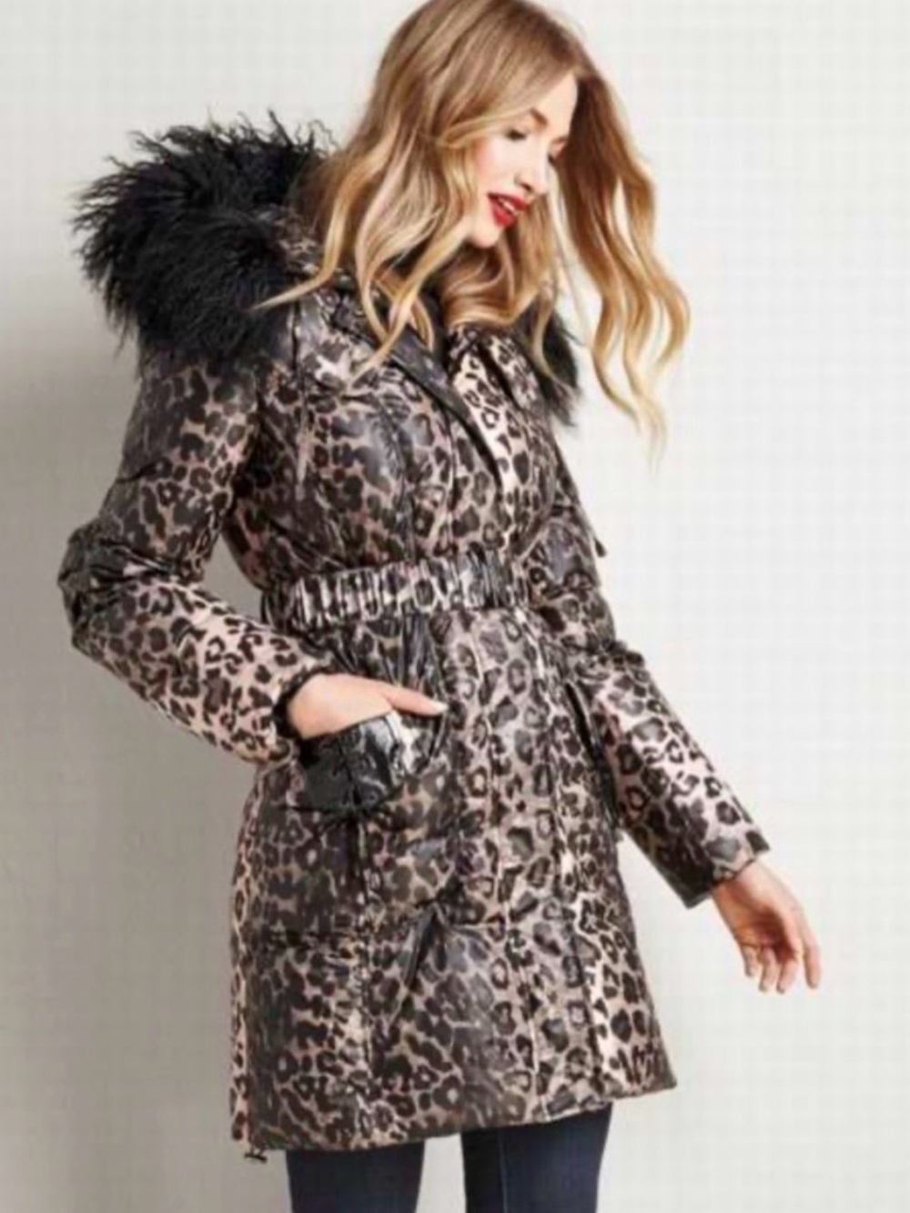 Leopard Print Coat Jacket Parka Hooded  Black Fur Trim Removable Size M